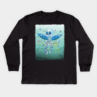 Cute Skeleton - the Blue Winged Skeleton Flyer- Dia De Los Muertos Kids Long Sleeve T-Shirt